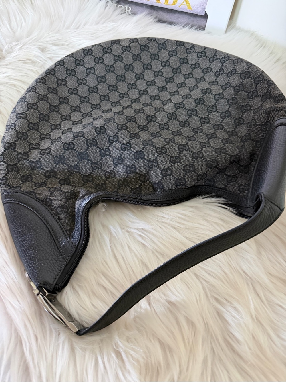 Gucci Black GG Monogram Canvas leather Hobo Bag. - Picture 13 of 16
